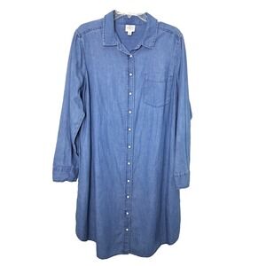 St. Johns Bay Cotton Chambray Shirt Dress Size XL‎ Long Roll Tab Sleeves Western